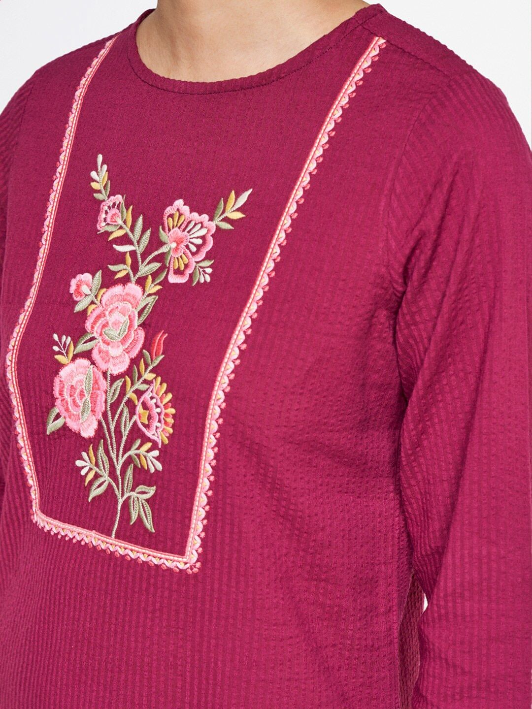 Global Desi Round Neck Embroidered Cotton Kurta