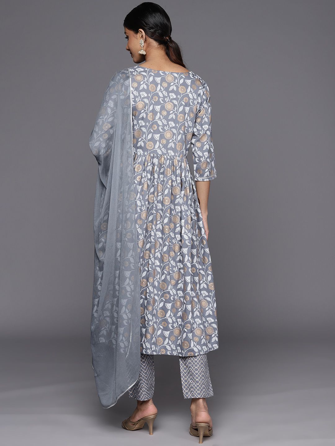 Libas Floral Yoke Design Pleated Thread Work Kurta with Trousers & With Dupatta