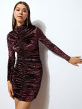 SASSAFRAS Brown High Neck Gathered Detail Velvet Bodycon Dress