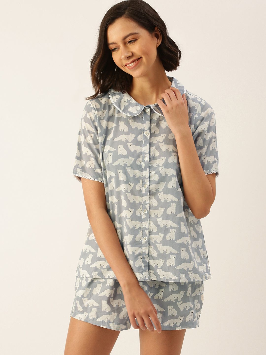 SANSKRUTIHOMES Women Grey & Off White Pure Cotton Printed Shorts Set