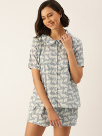 SANSKRUTIHOMES Women Grey & Off White Pure Cotton Printed Shorts Set