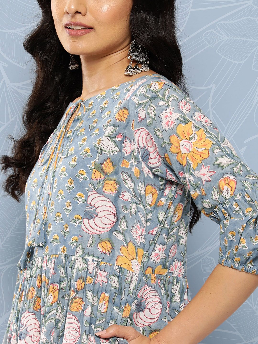 Libas Blue & Yellow Floral Print Tie-Up Neck Puff Sleeve Fit & Flare Midi Dress