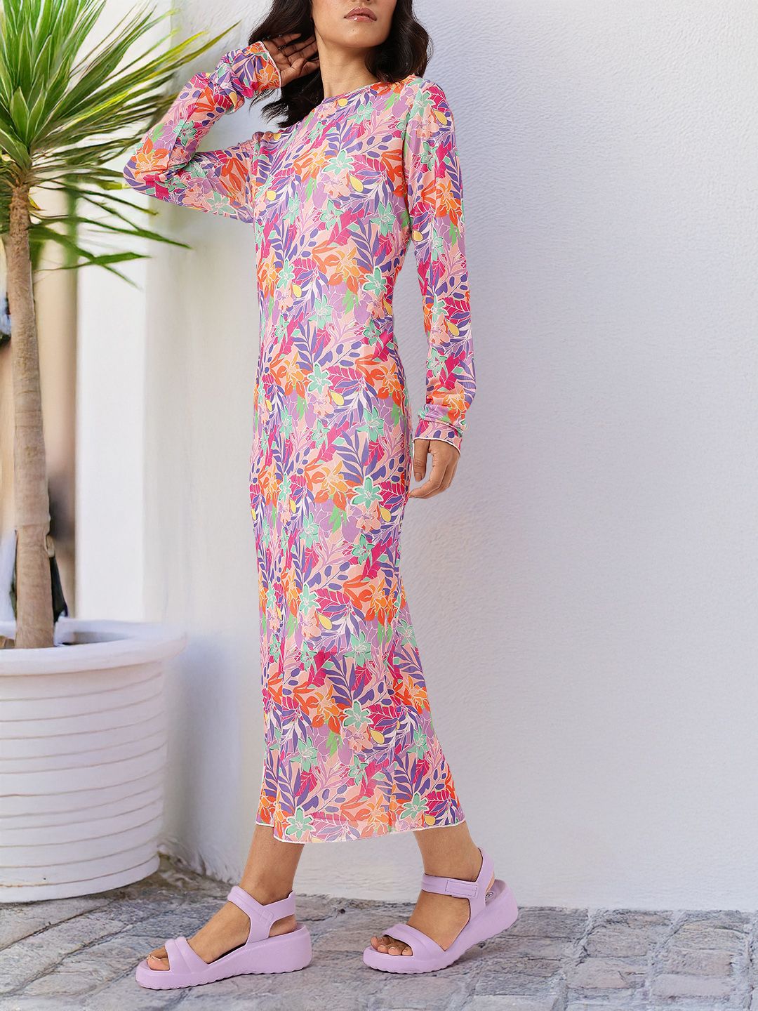 DressBerry Girly Glam Soft Net Floral Printed Sheath Midi Dress Comes With Inner Slip