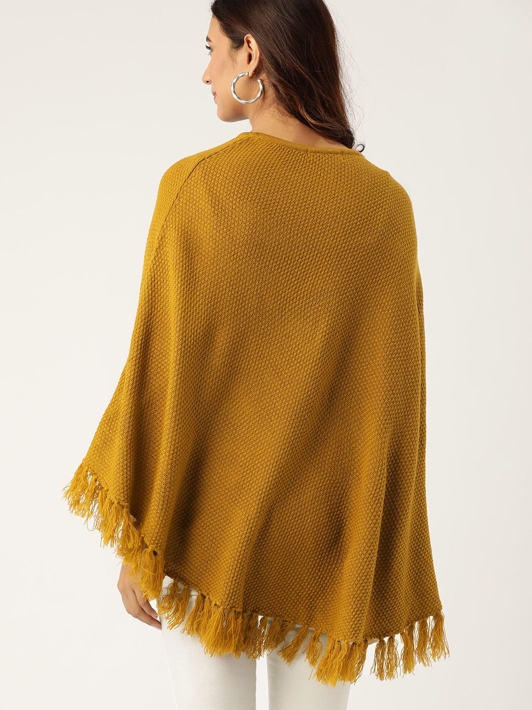 DressBerry Women Mustard Brown Self Design Poncho