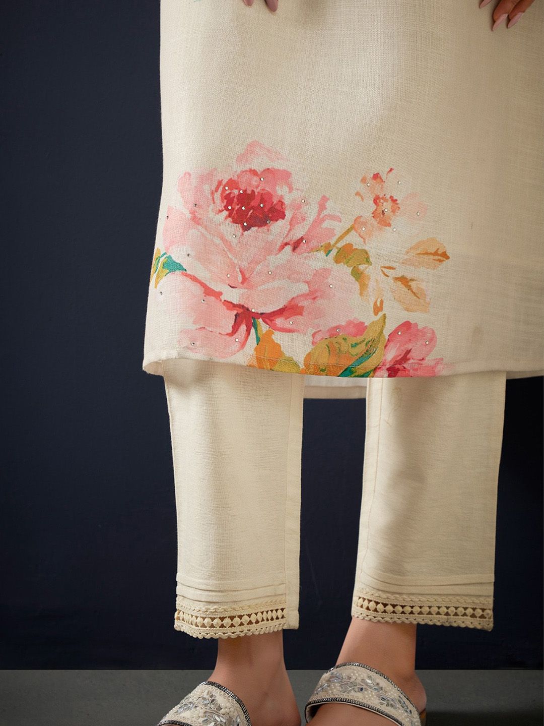 Indo Era Floral Printed Beads and Stones Linen Straight Kurta with Trousers & Dupatta