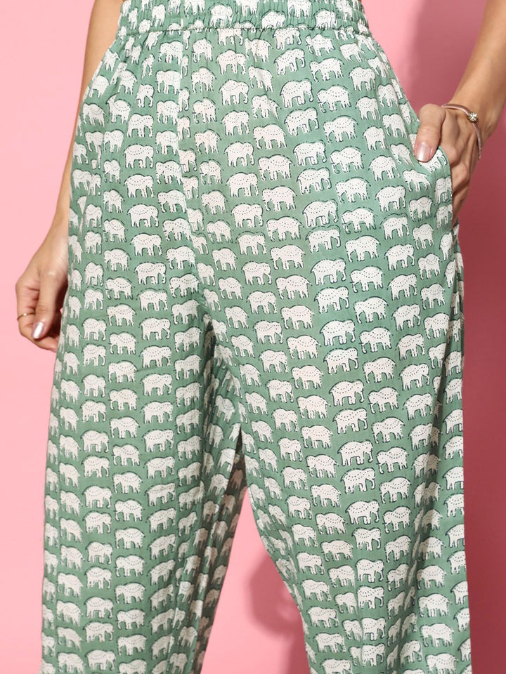 SANSKRUTIHOMES Women Green & White Printed Pure Cotton Top With Trousers