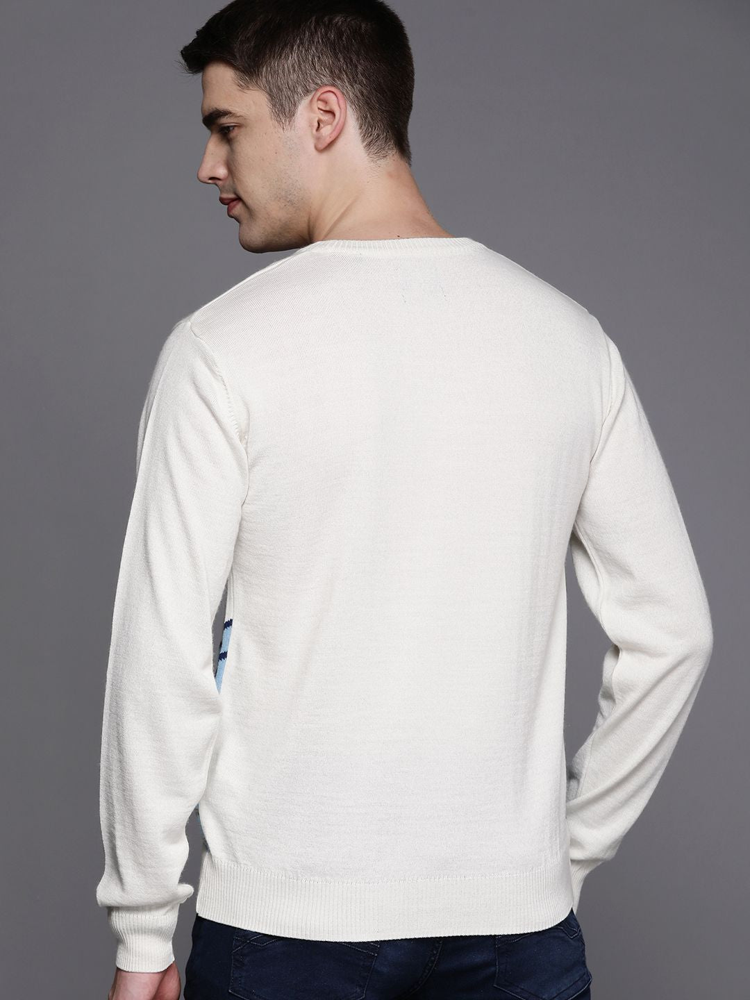 Raymond Men White & Blue Reka Bentuk Self-Pullover