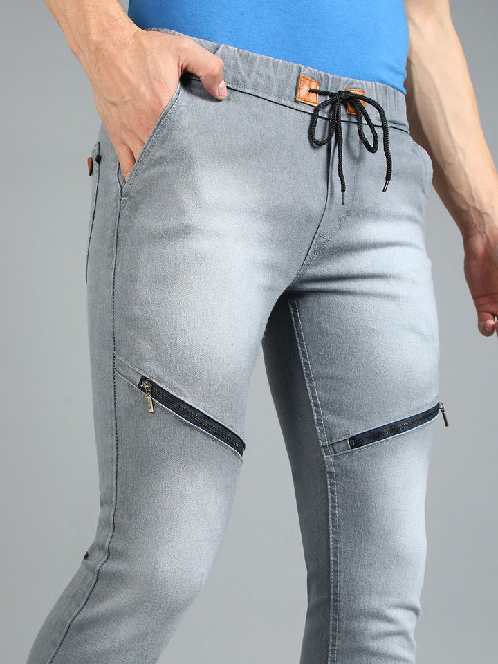 Urbano Fashion Men Grey Jogger Mid-Rise Slash Knee Stretchable Jogger Jeans