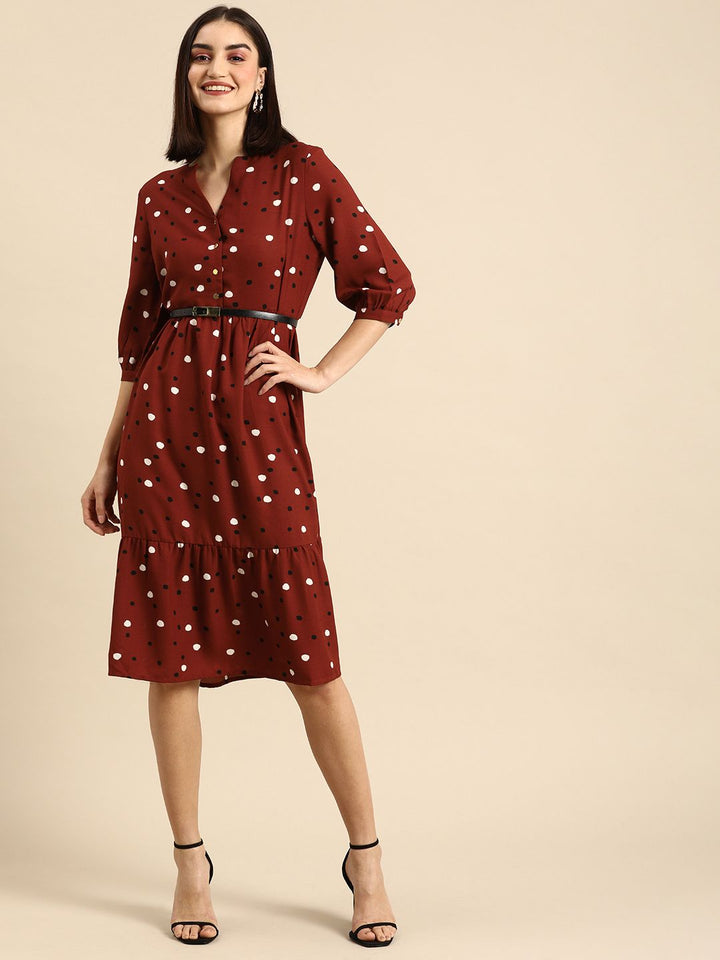 all about you Women Maroon & White Printed V-Neck A-Line Tiered Casual Dress