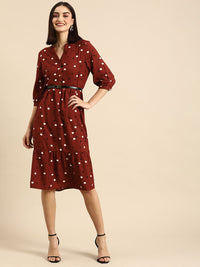 all about you Women Maroon & White Printed V-Neck A-Line Tiered Casual Dress