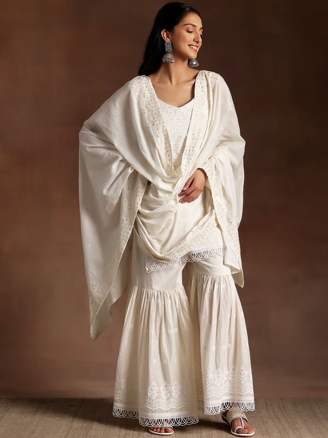 Libas Ethnic Motifs Embroidered Thread Work Pure Cotton Kurta With Sharara & Dupatta