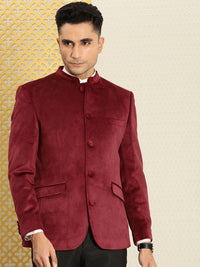 House of Pataudi Self Design Velvet Finish Mandarin Collar Bandhgala Jashn Blazer