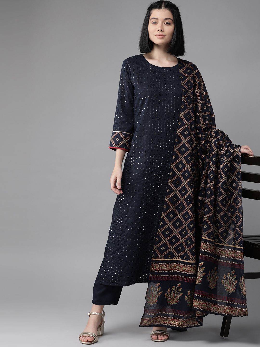 Indo Era Women Navy Blue & Silver Sequin Stripes Kurta with Trousers & Dupatta