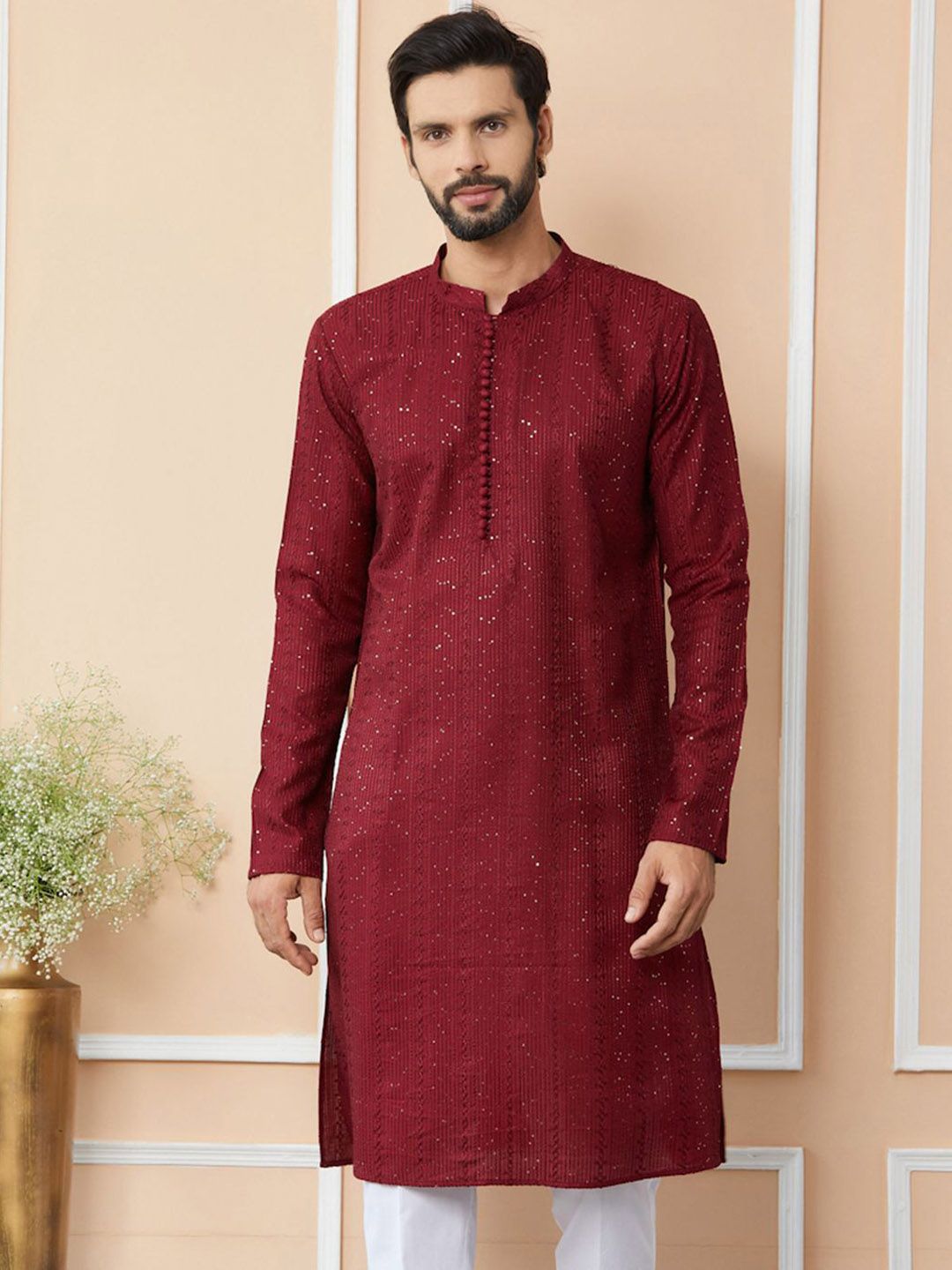 See Designs Mandarin Collar Long Sleeves Thread Work Chanderi Silk Straight Kurta