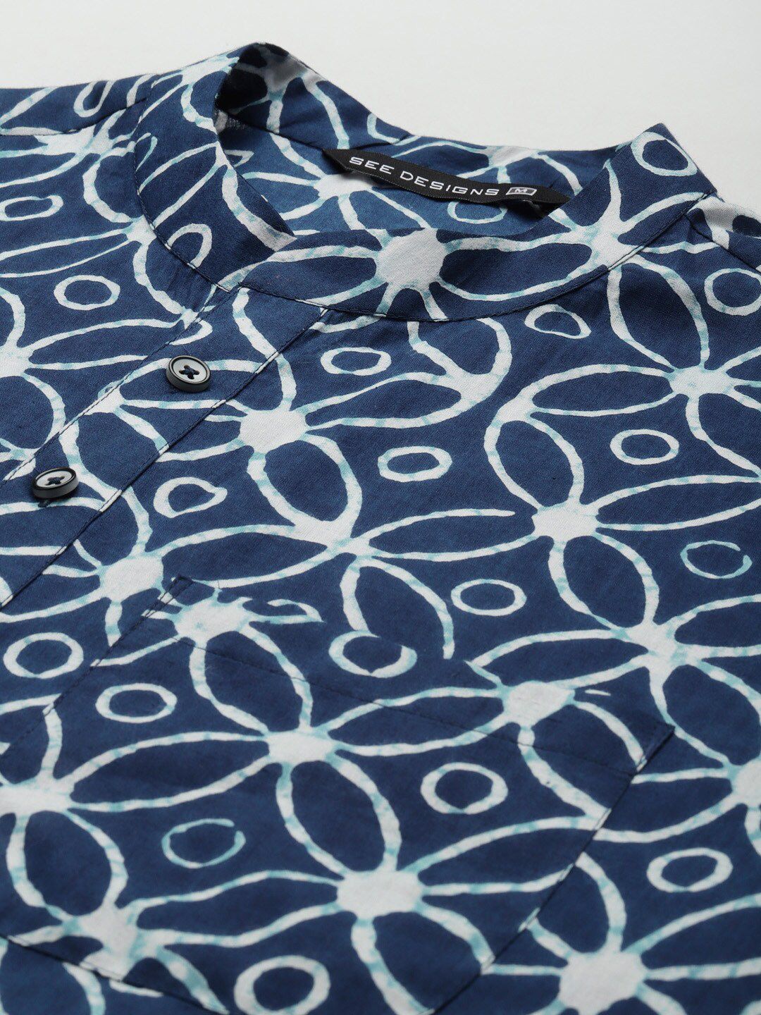 See Designs Men Blue Geometric Printed Pure Cotton Kurta