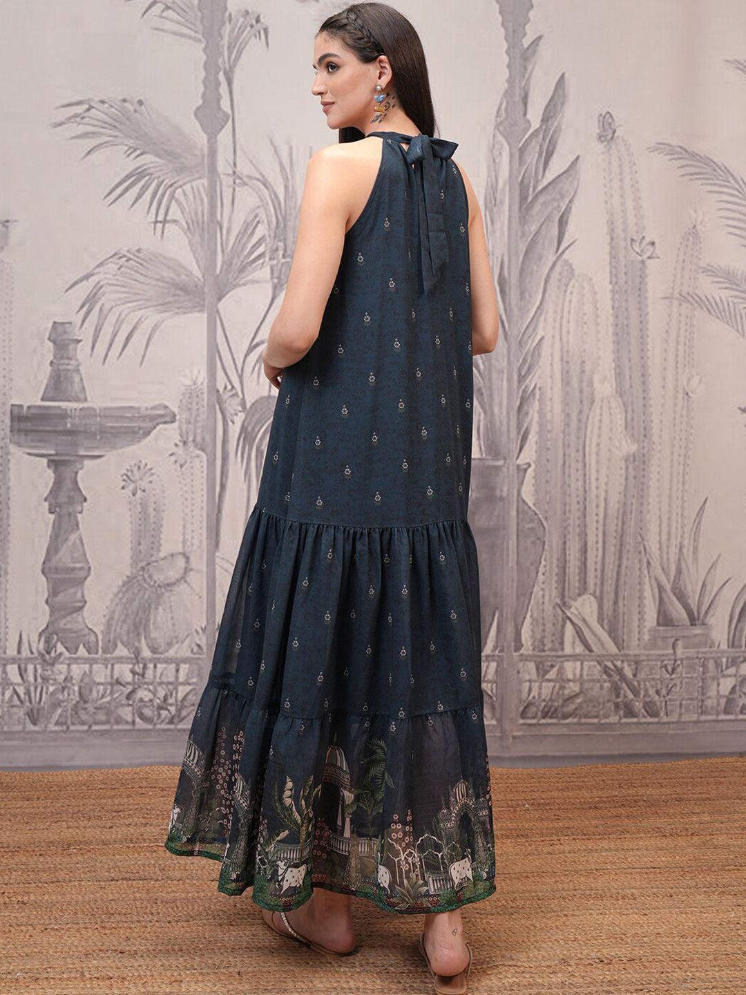 Vishudh Navy Blue Floral Print Tie-Up Neck Gathered Maxi Dress
