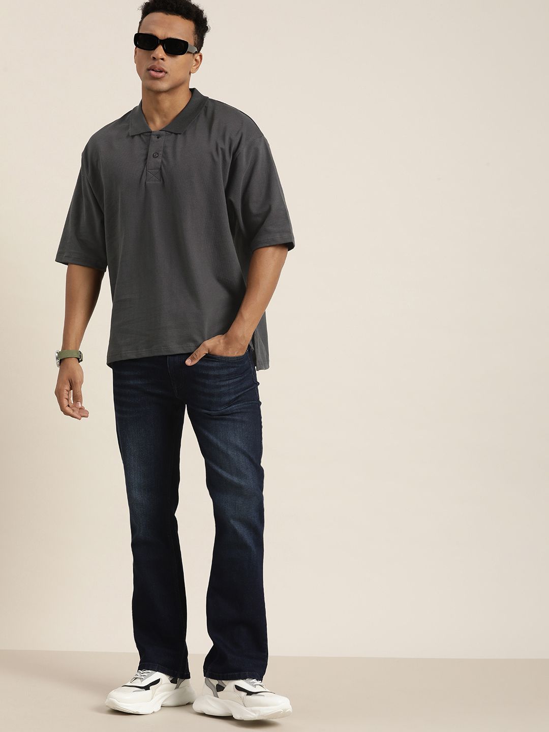 DILLINGER Men Solid Honeycomb Structure Oversized Cotton Polo T-Shirt