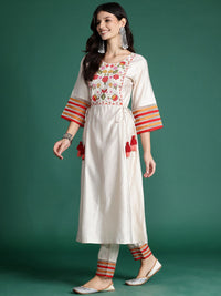 Indo Era Floral Embroidered Empire Thread Work Liva Kurta with Trousers