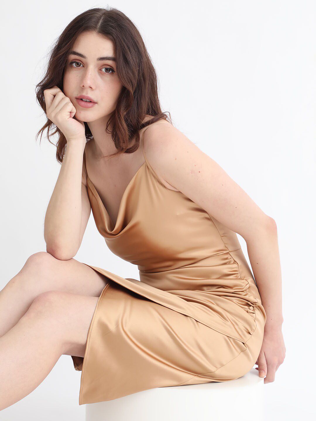 RAREISM Cowl Neck Shoulder Strap Satin Slip Dress