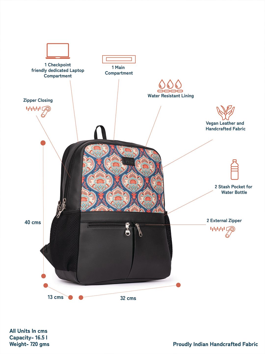 ZOUK Women Ethnic Printed Vegan Leather Backpack With Compression Straps-Up to 16 inch