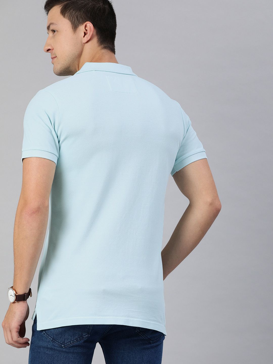 THE BEAR HOUSE Men Solid Blue Polo Collar Pure Cotton T-shirt