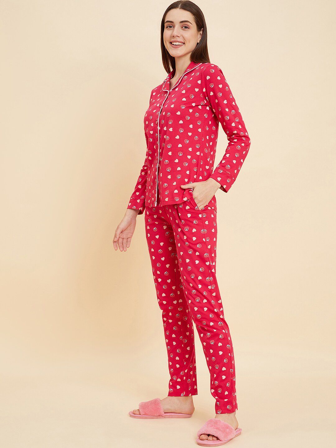 Sweet Dreams Pink & Beige Graphic Printed Pure Cotton Night suit