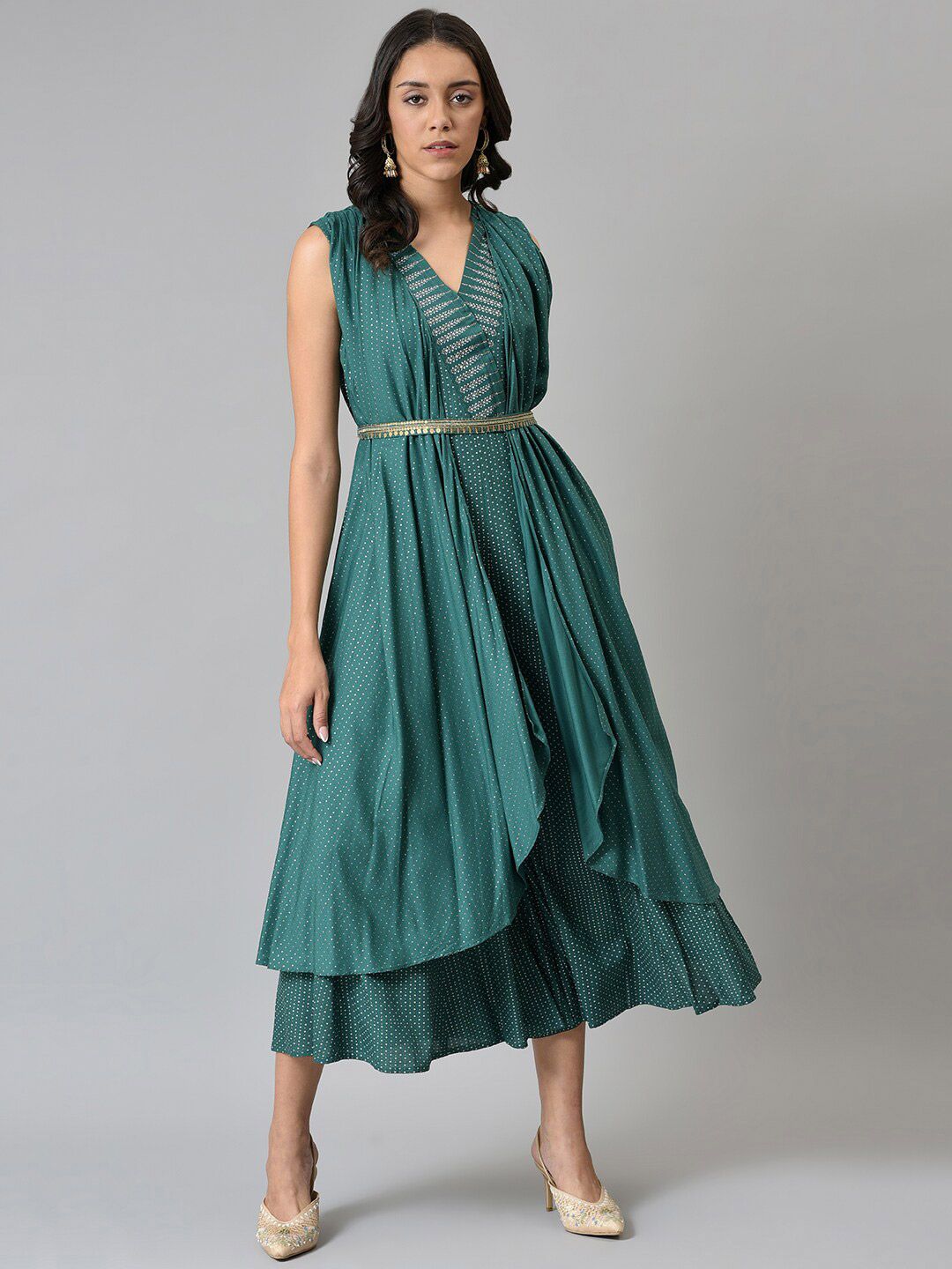 W Women Green Gilet Kimono Jumpsuit With Embellished Belt