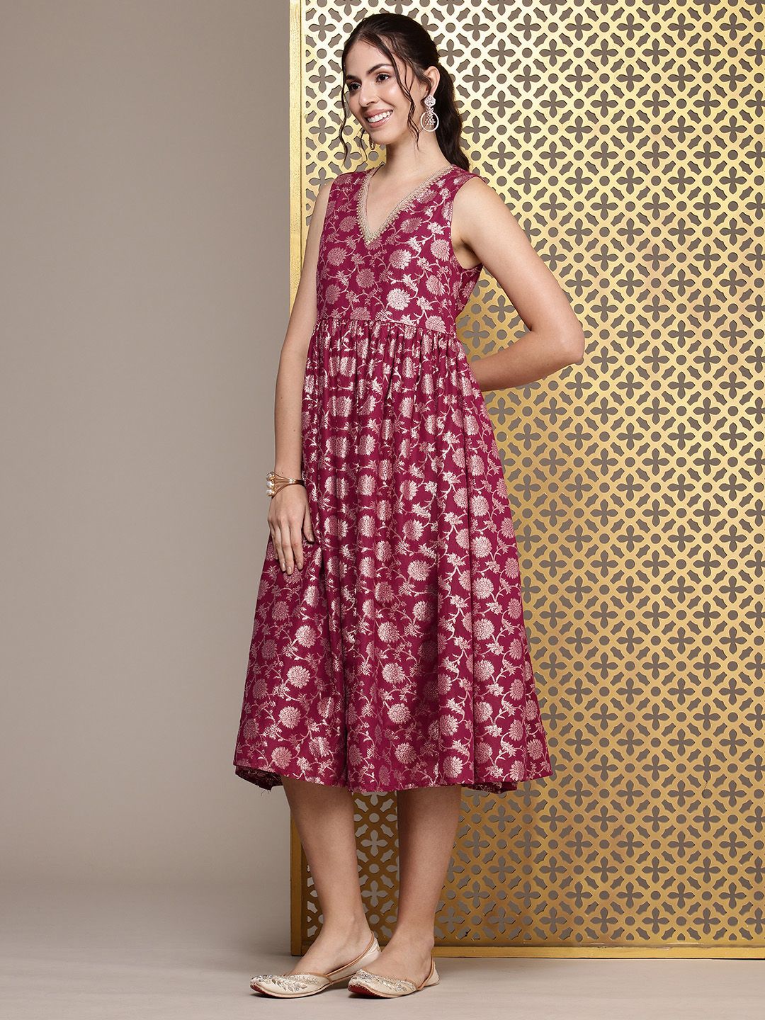 House of Pataudi Floral Embroidered A-Line Midi Jashn Dress