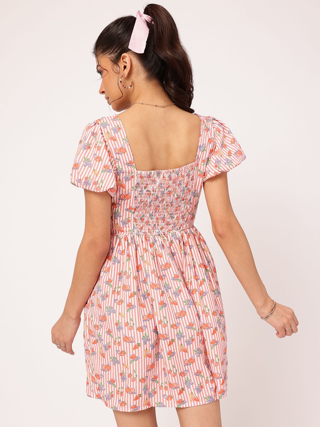 Dressberry Floral Frenzy Striped Dobby Weave Smocked A-Line Mini Dress