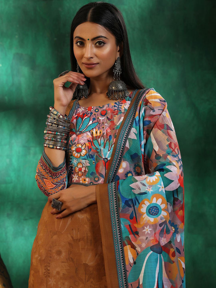 Libas Floral Printed Regular Sequinned Linen Straight Kurta with Trousers & Dupatta