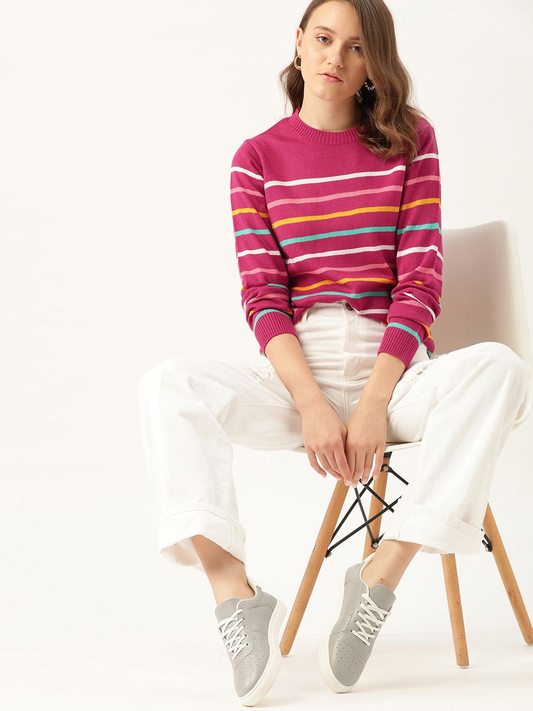 DressBerry Women Pink & Yellow Striped Pullover