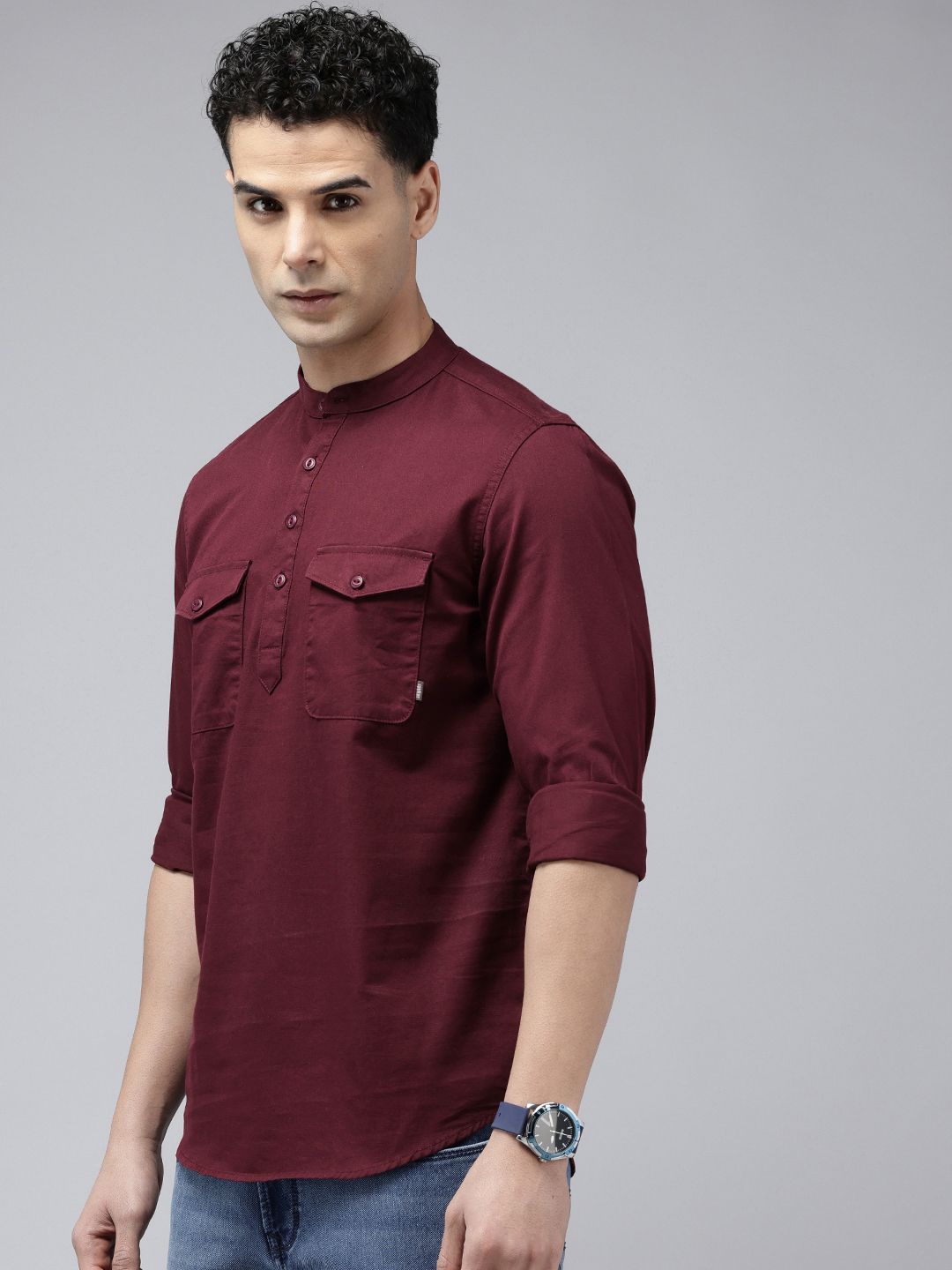 SPYKAR Slim Fit Band Collar Pure Cotton Casual Shirt