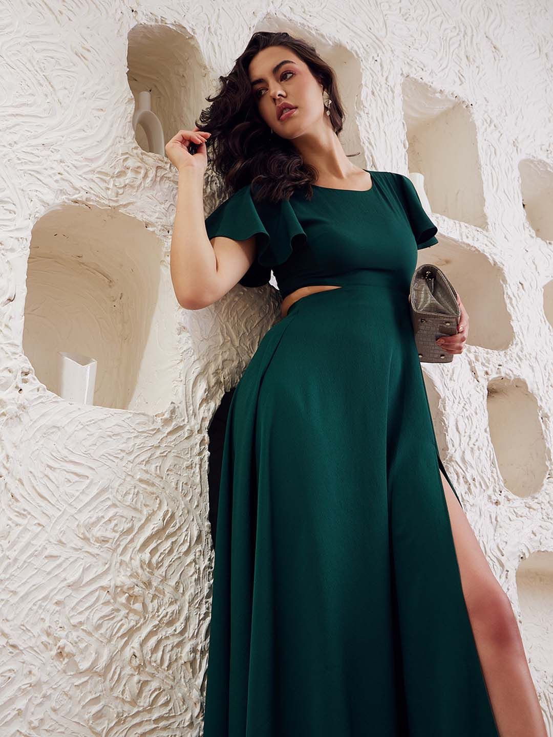 Berrylush Solid Flutter Sleeve Cut-outs & Slit Detailed Crepe Fit & Flare Maxi Dress