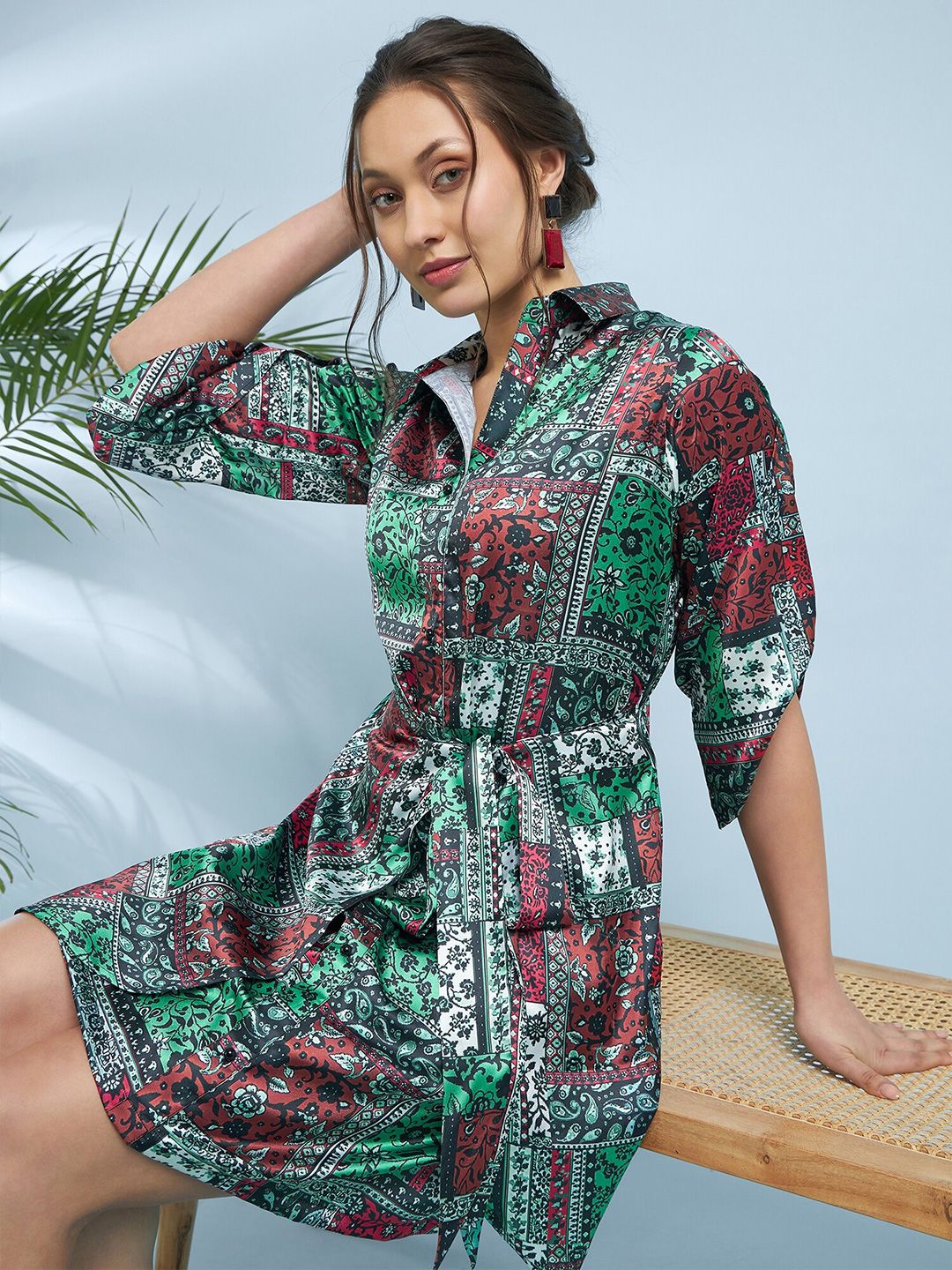 Antheaa Tropical Printed Shirt Collar Satin Fit & Flare Dress