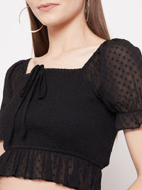 Berrylush Black Smocked Georgette Regular Crop Top