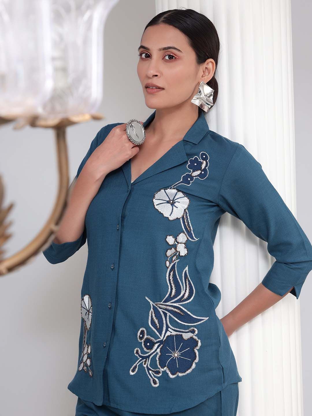 Bani Women Floral Embroidered Shirt & Palazzos Set