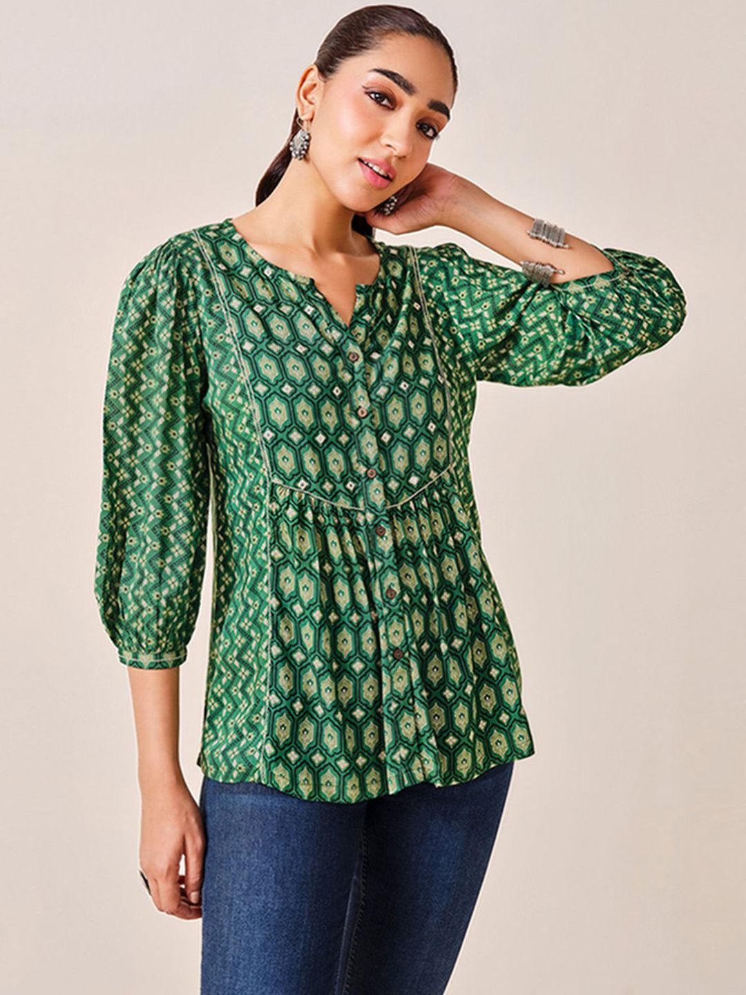 Motif Etnik Wanita Global Desi Cetak Lengan Puff Kolar Mandarin Atasan Tinggi-Rendah
