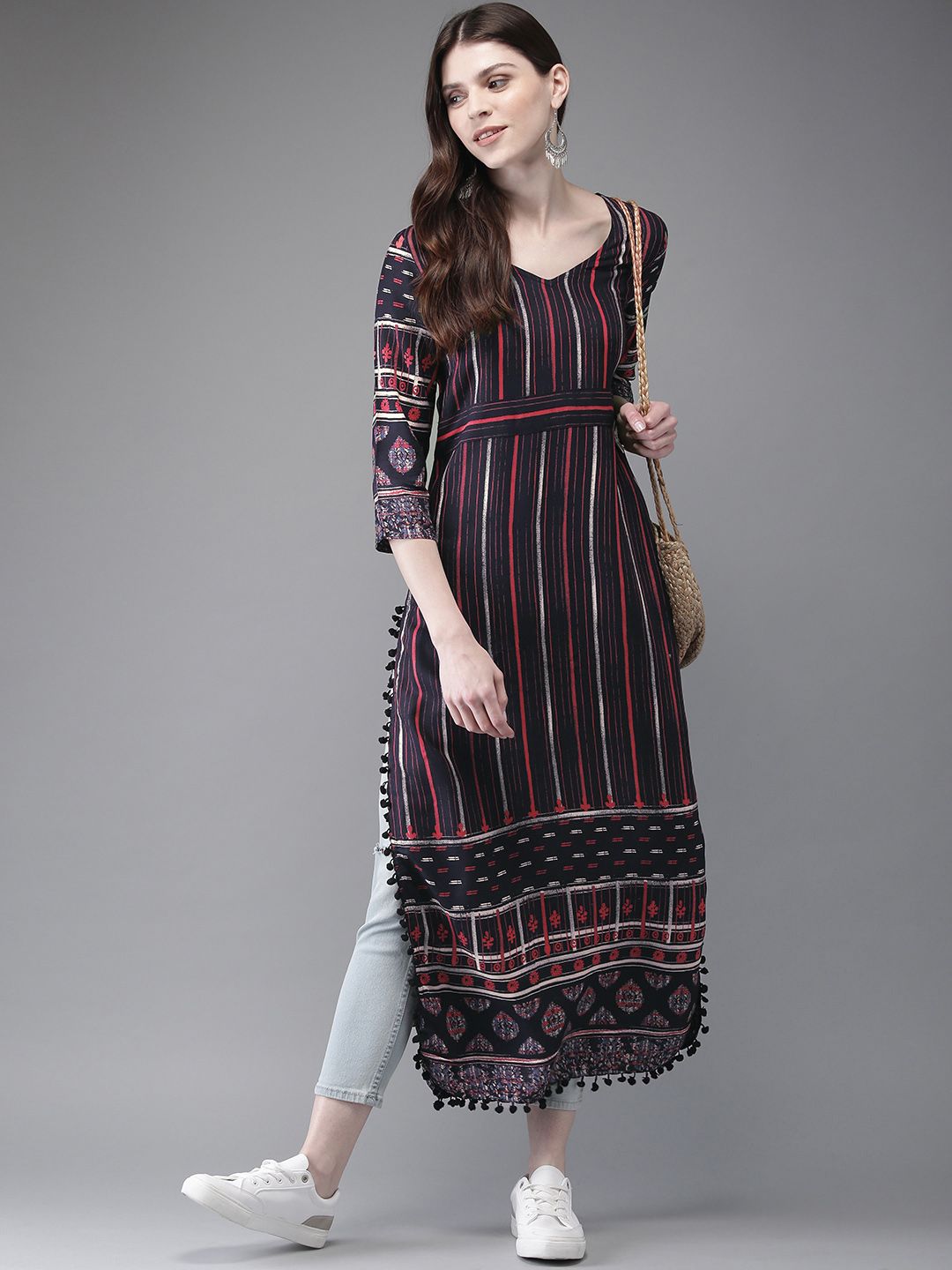 Anouk Navy Blue Striped Rayon Straight Kurta With Pompom Lace Hem