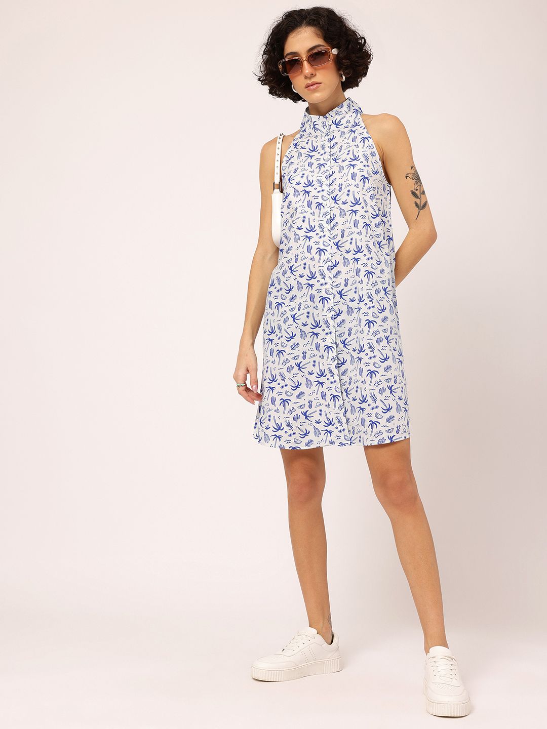 DressBerry Tropical Blues Button-Up A-Line Dress