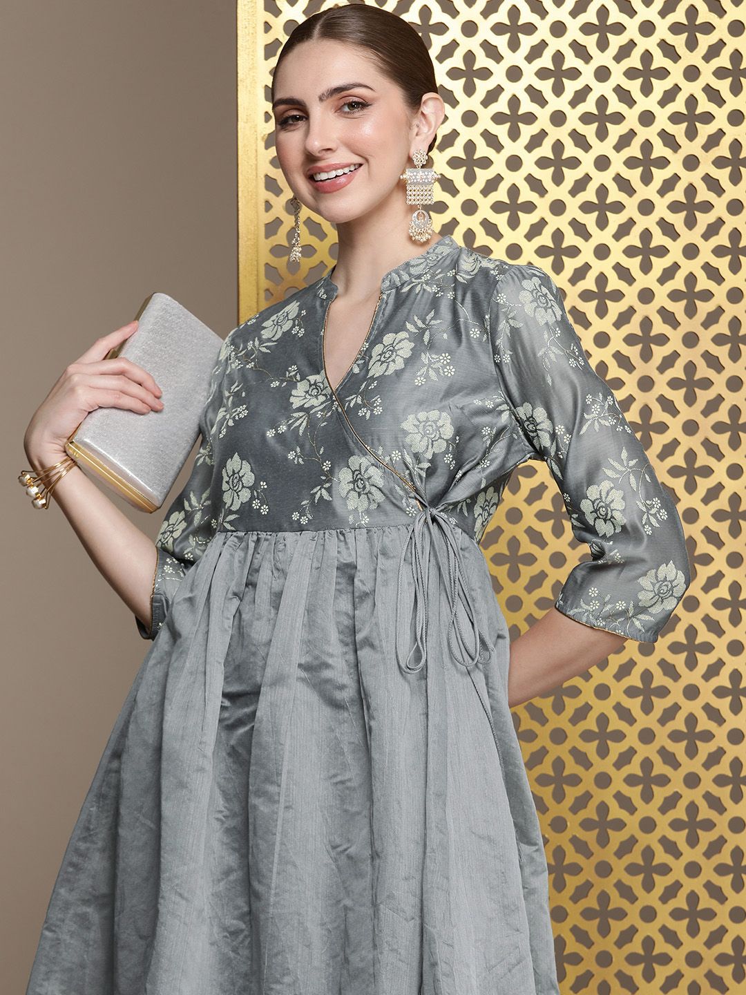 House of Pataudi Floral Printed A-Line Angrakha Jashn Kurta