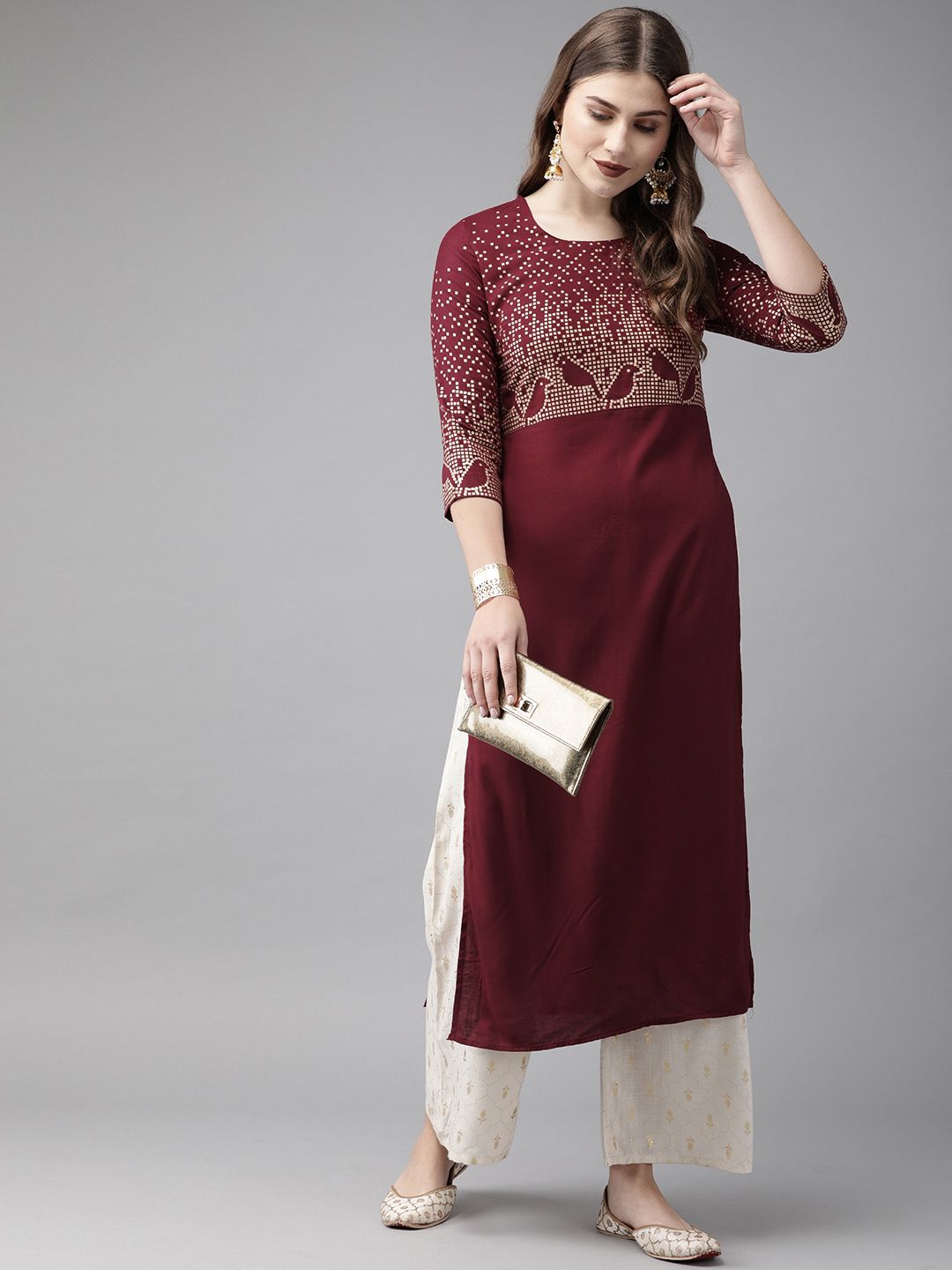 Anouk Women Maroon & Gold-Coloured Printed Straight Kurta