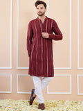 See Designs Mandarin Collar Striped Thread Work Chanderi Silk Straight Kurta