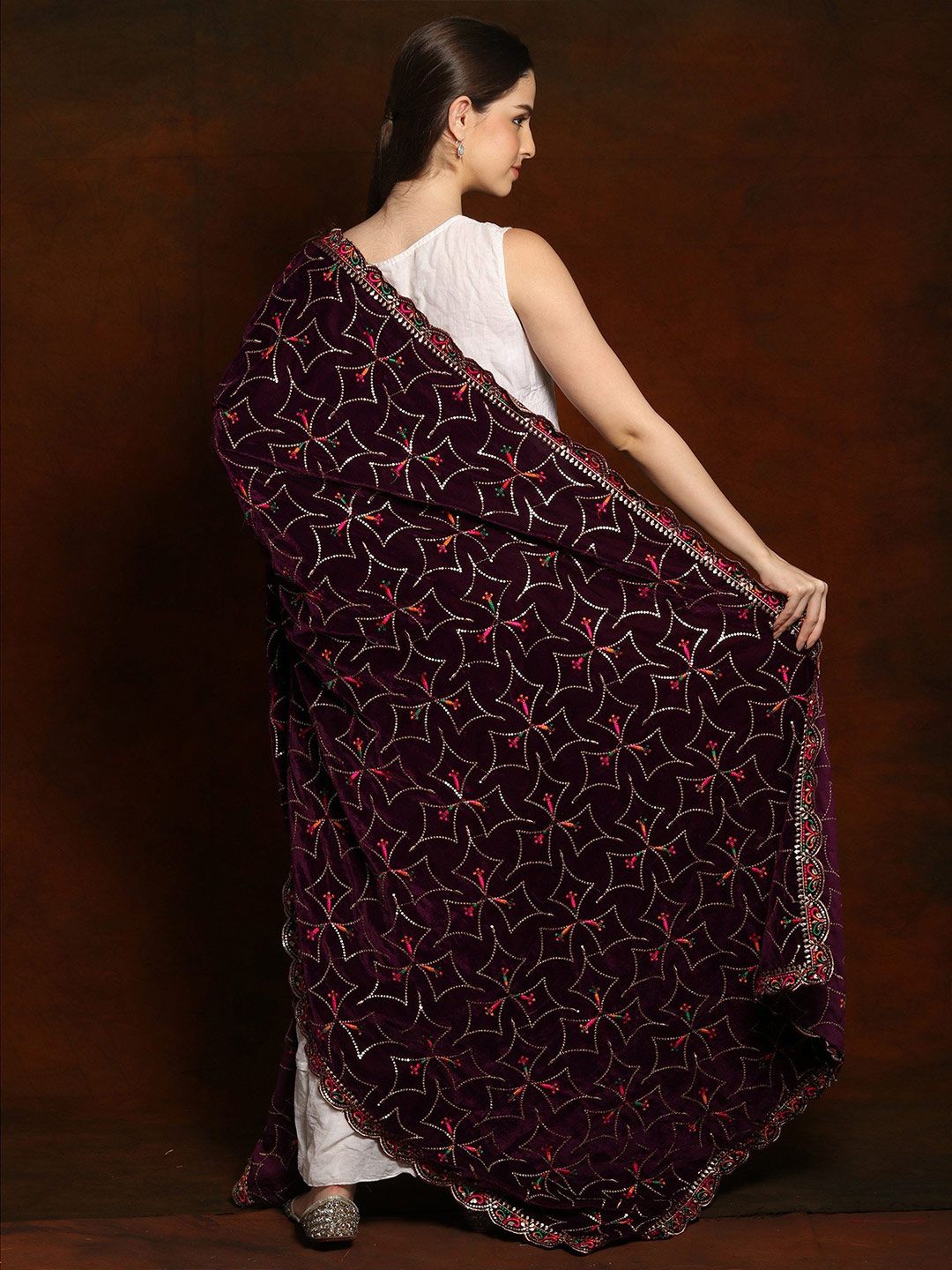 Exotic India Burgundy Velvet Dupatta with Zari and Sequinned Diamond Pattern