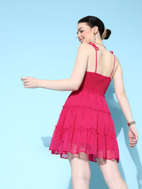 Berrylush Women Pink Dobby Tiered Georgette Mini Dress