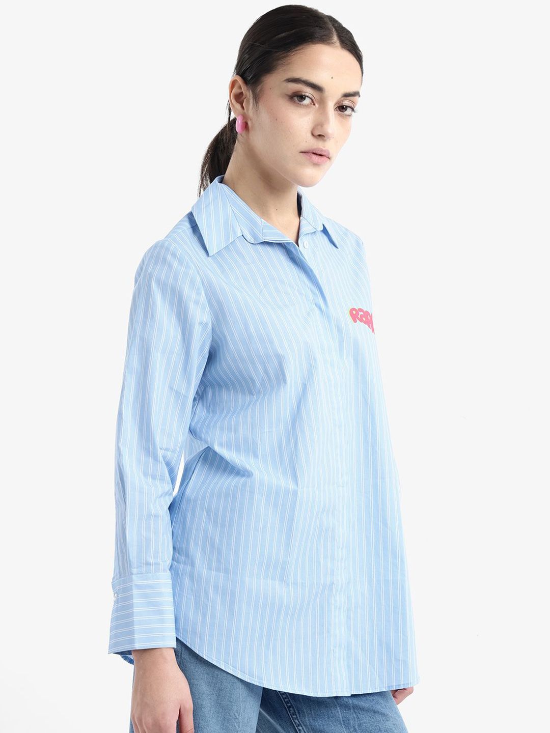 RAREISM Women Vertical Striped Cotton Shirt Collar Longline Top