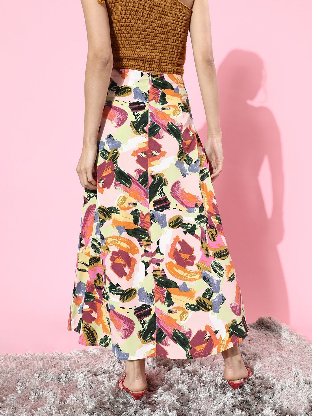 Berrylush Women Pretty Pink Abstract Crepe Skirt