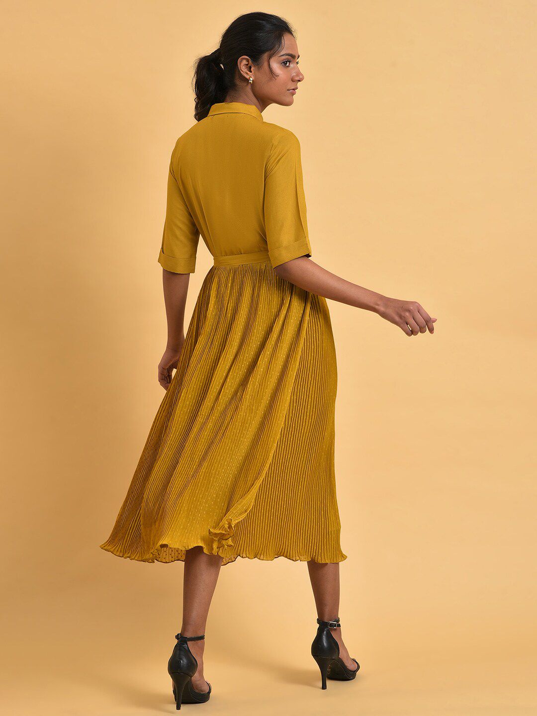 W Shirt Collar A-Line Midi Dress