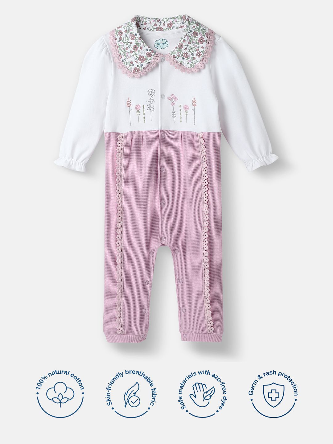 Nauti Nati Girls Cotton Textured Fabric Floral Embroidered Collared Jumpsuit