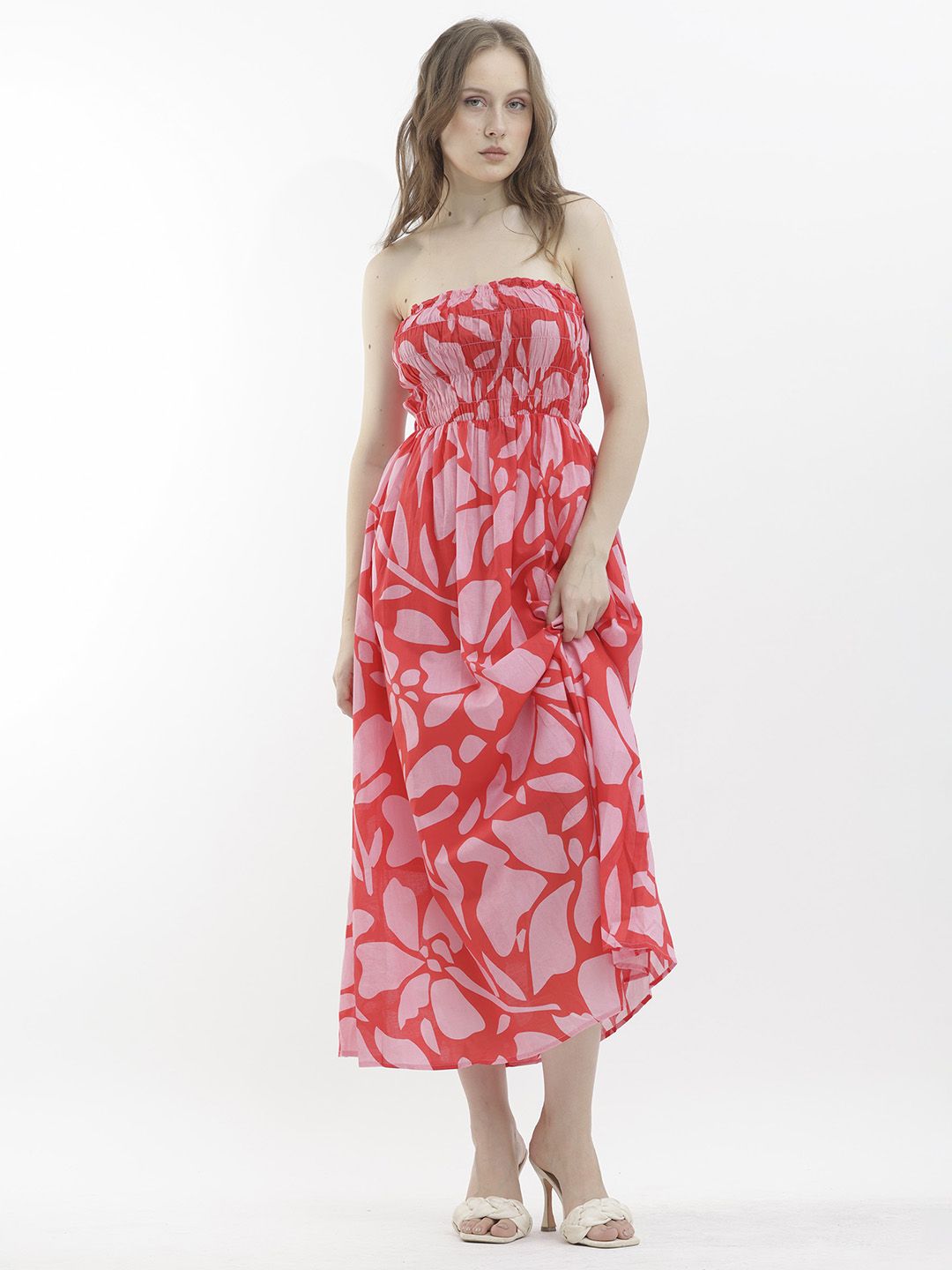 RAREISM Floral Printed Strapless Sleeveless Smocked Maxi Dress