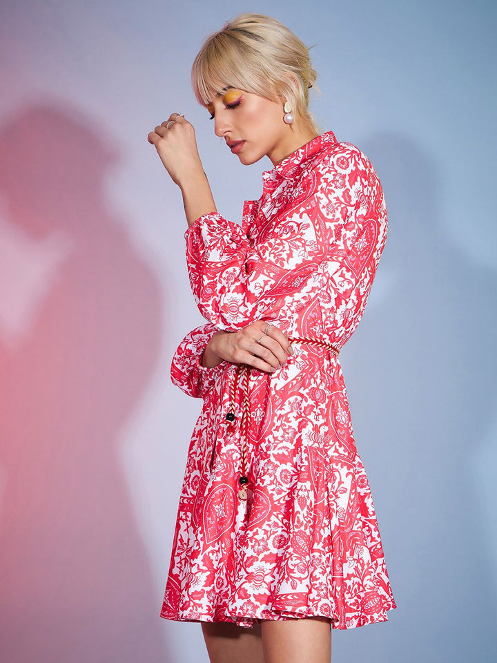 SASSAFRAS Shirt Collar Ethnic Motifs Printed Shirt Dress With Belt